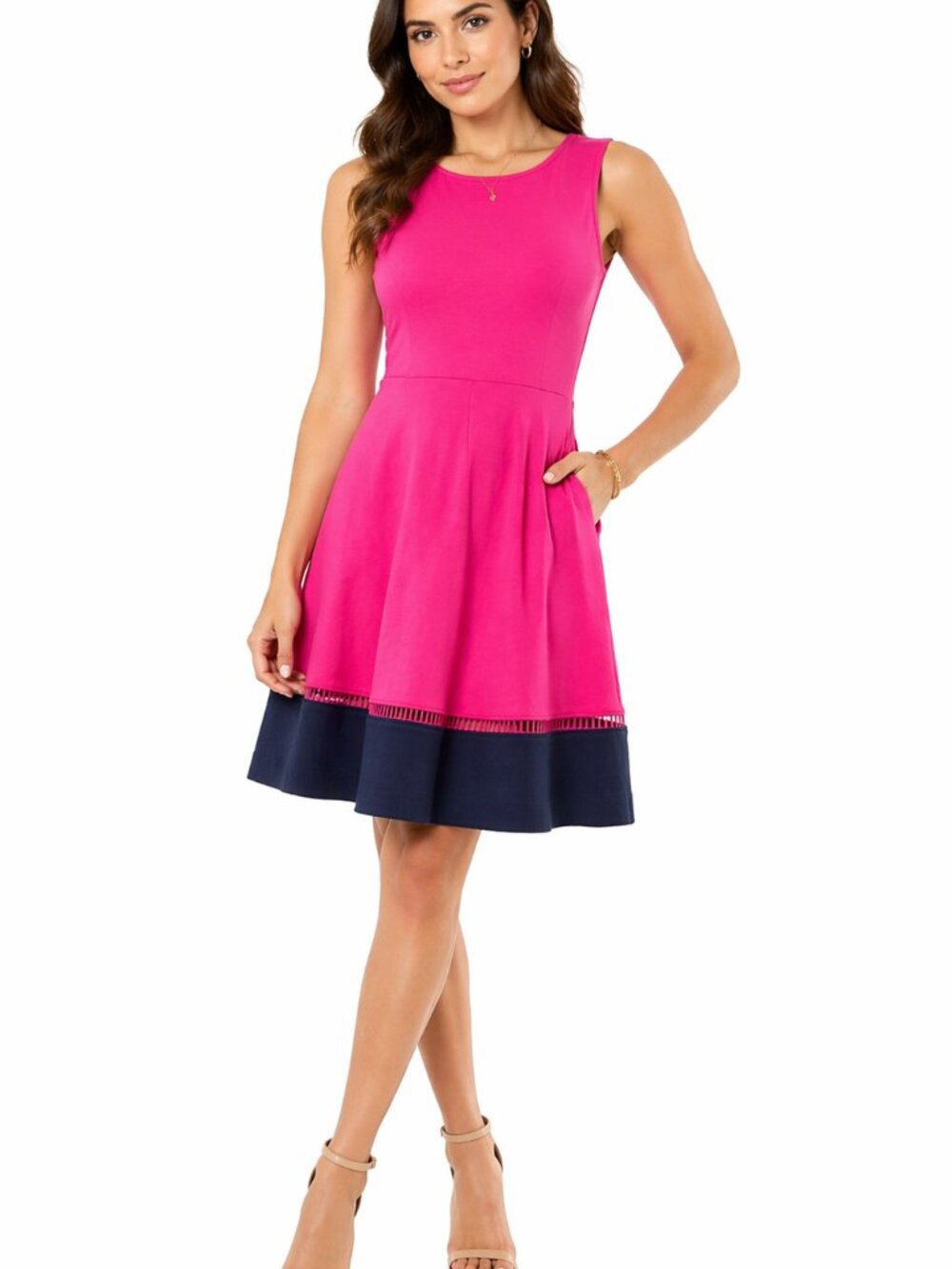 Talbots Pink & Navy Blue Fit & Flare Dress Sleeveless Colorblock Pockets Size L
